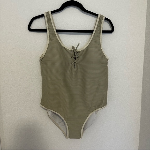 Rylee + Cru Lace Up Front One Piece Swimsuit Ribbed Sage Green Size XL Women’s - Picture 5 of 12